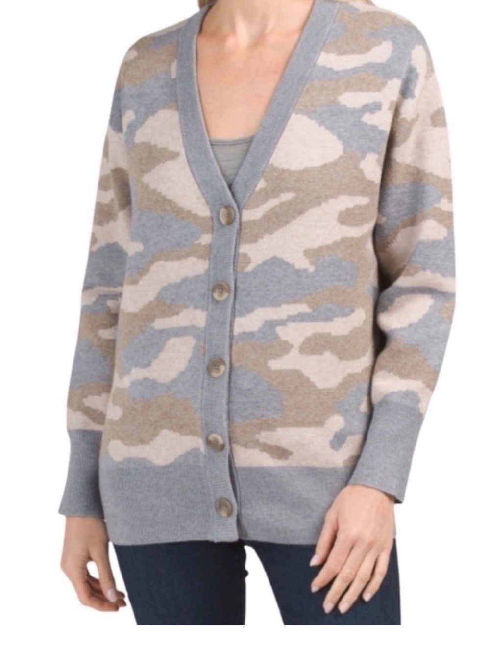 Christian Siriano Blue and Beige Camo Button-Front Cardigan